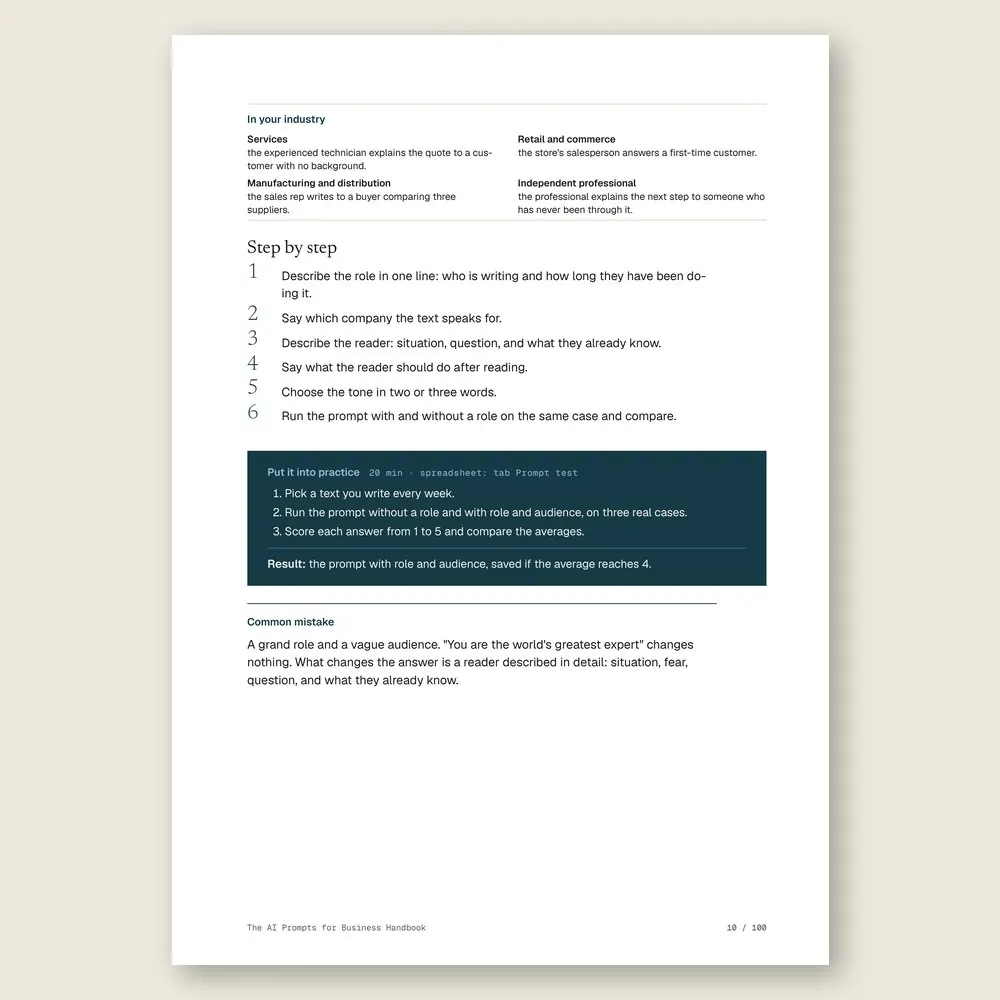 The AI Prompts for Business Handbook · The step-by-step and the hands-on exercise