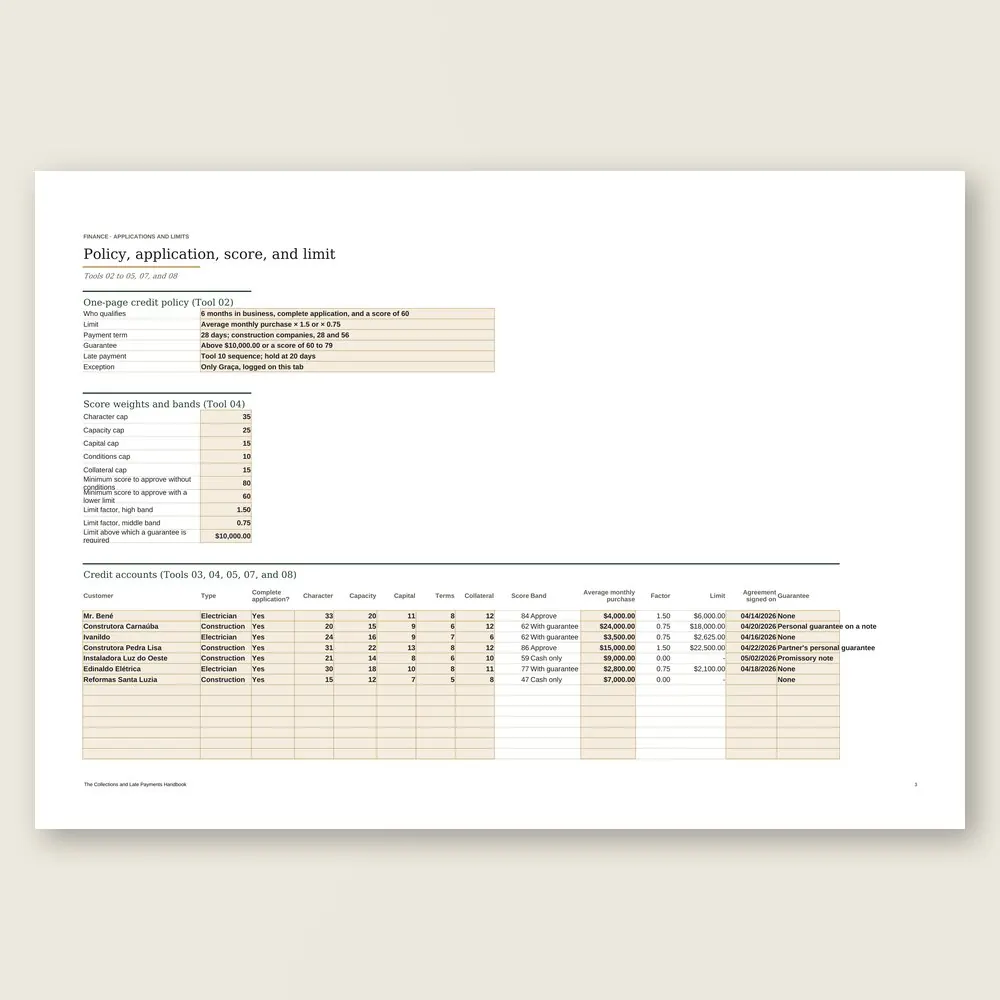 The Collections and Late Payments Handbook · The spreadsheet on screen