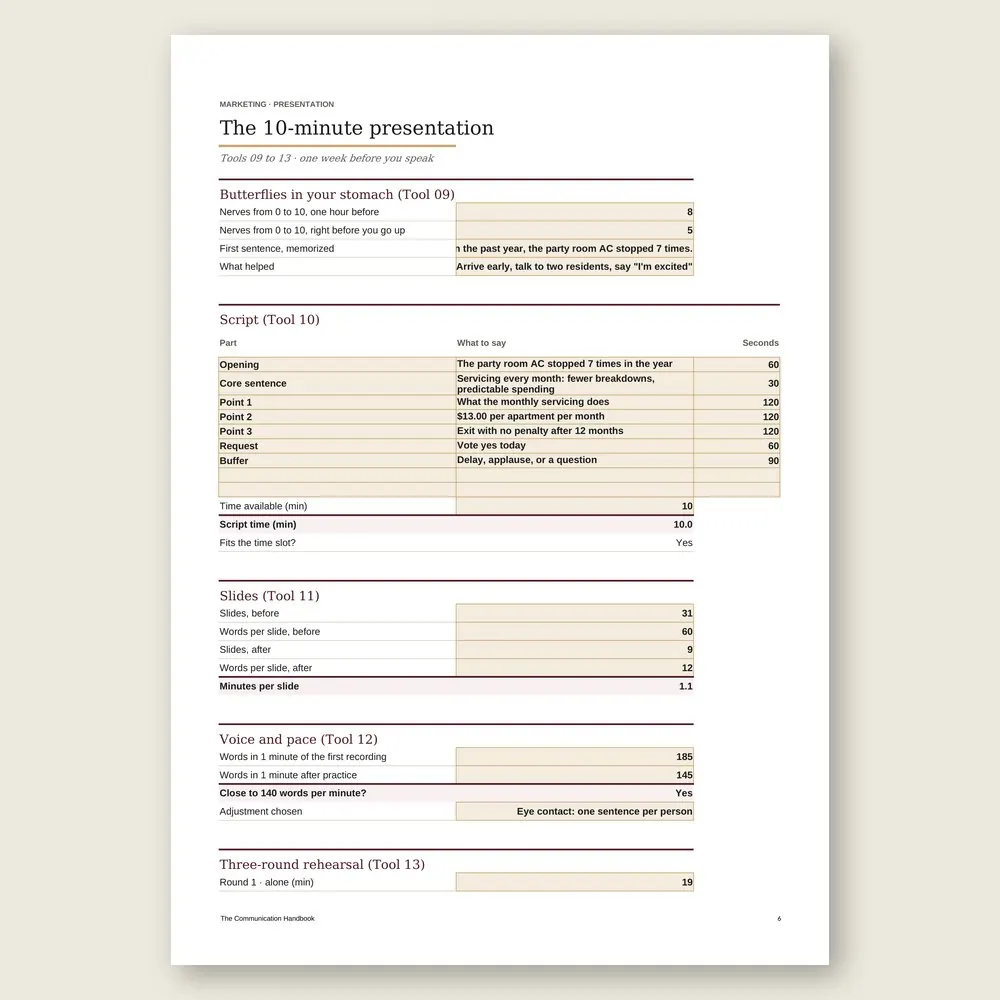 The Communication Handbook · The spreadsheet on screen