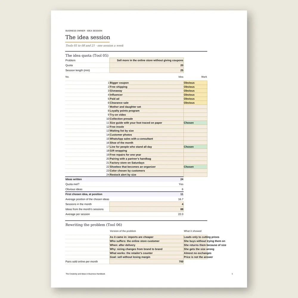 The Creativity and Ideas in Business Handbook · The spreadsheet on screen