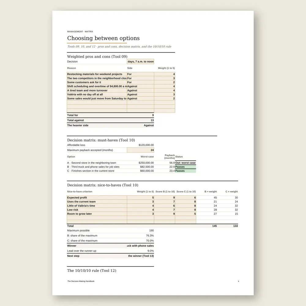 The Decision-Making Handbook · The spreadsheet on screen