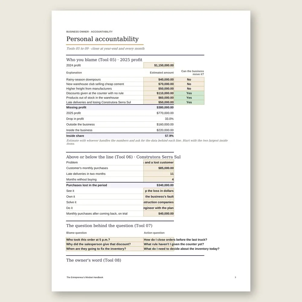 The Entrepreneur's Mindset Handbook · The spreadsheet on screen
