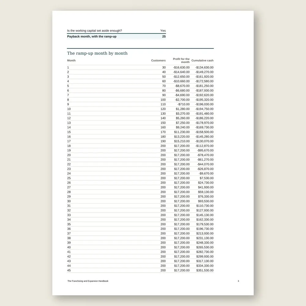 The Franchising and Expansion Handbook · The spreadsheet on screen