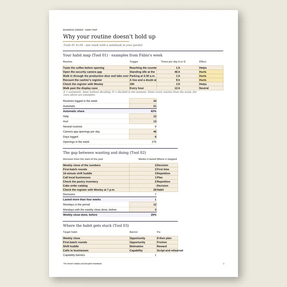 The Owner's Habits and Discipline Handbook · The spreadsheet on screen
