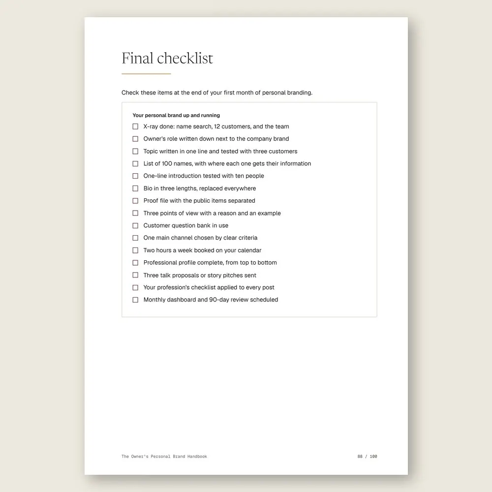The Owner's Personal Brand Handbook · The final checklist