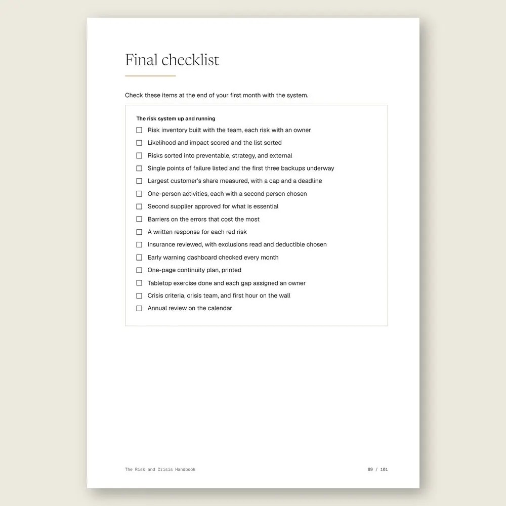 The Risk and Crisis Handbook · The final checklist