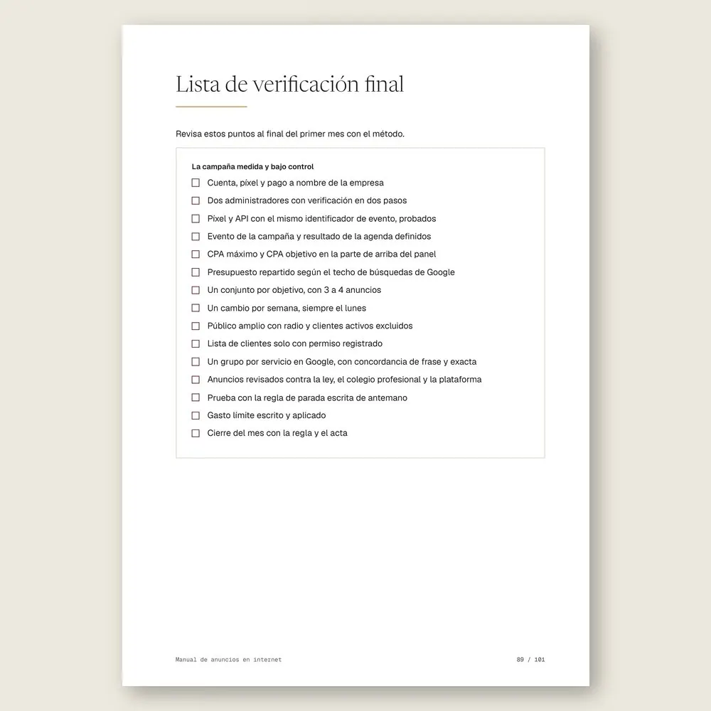 Manual de anuncios en internet · La lista de verificación final
