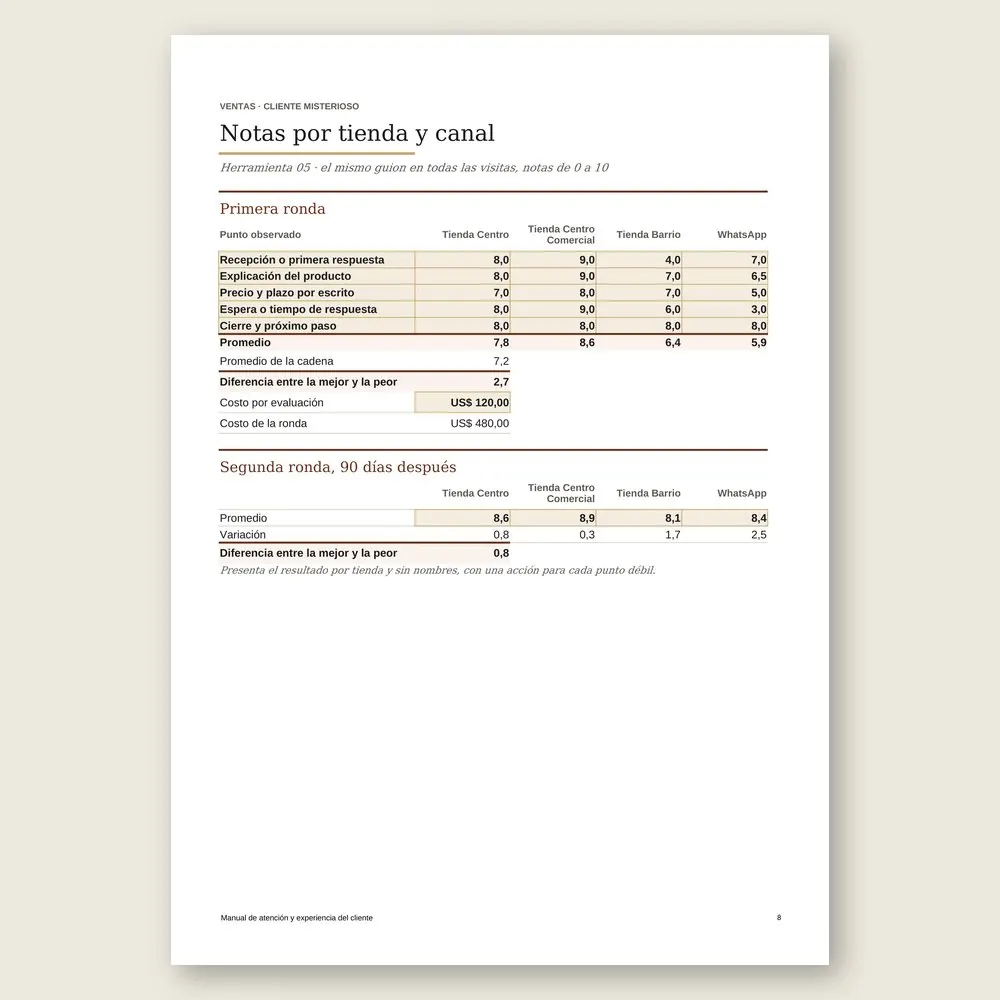 Manual de atención y experiencia del cliente · La hoja de cálculo en pantalla