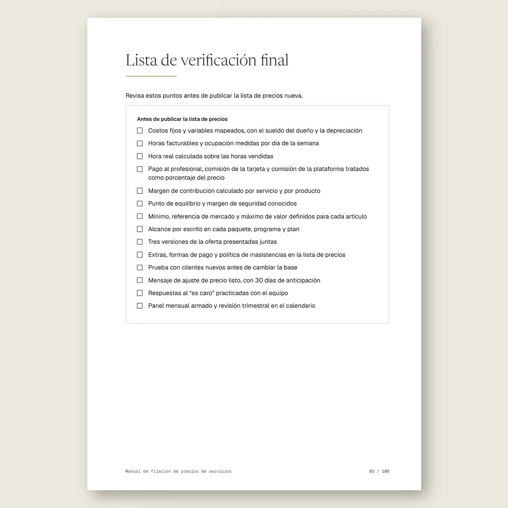 Manual de fijación de precios de servicios · La lista de verificación final