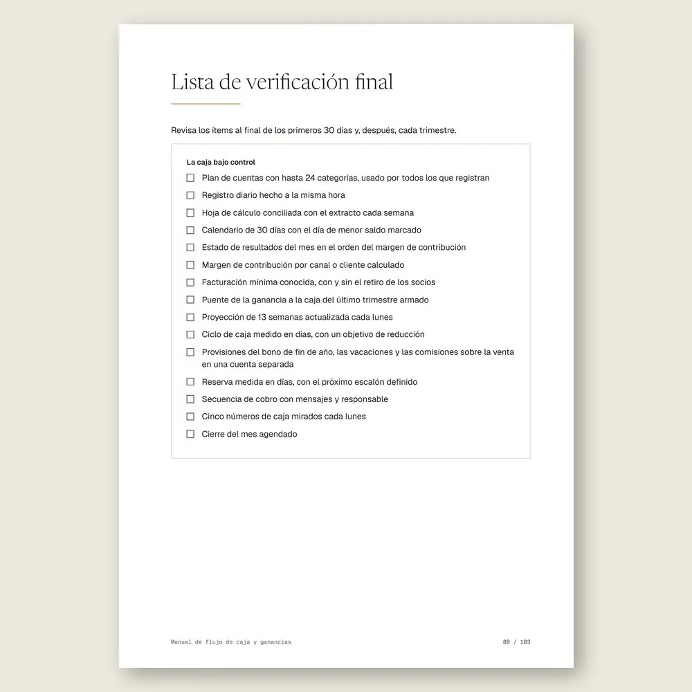 Manual de flujo de caja y ganancias · La lista de verificación final