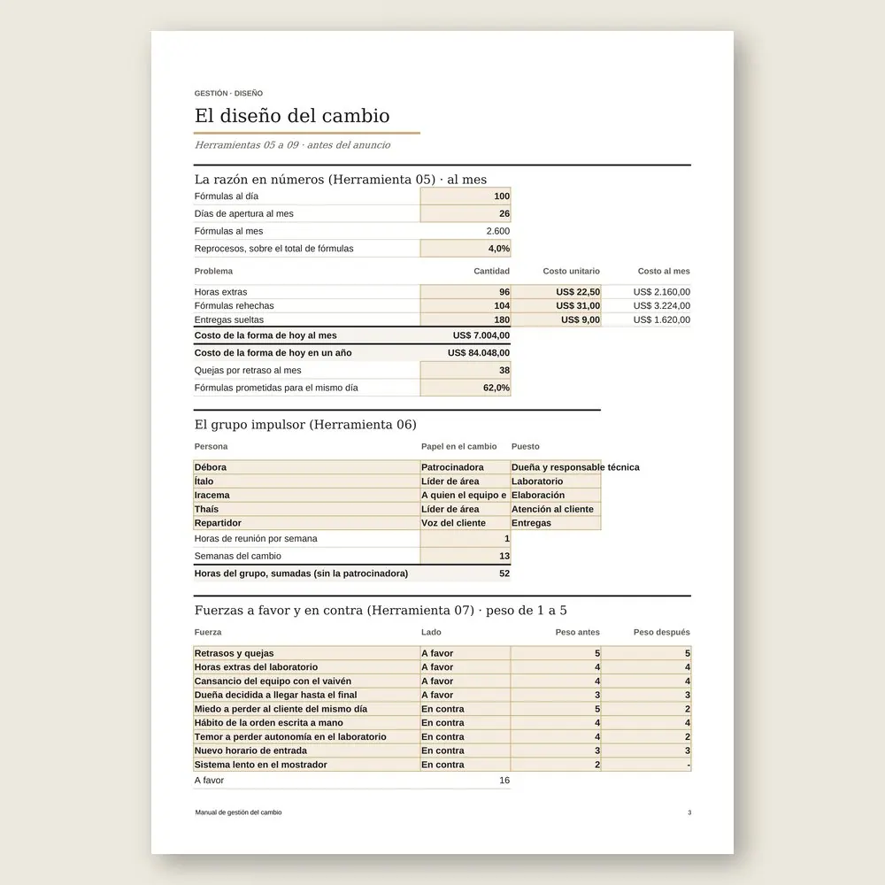 Manual de gestión del cambio · La hoja de cálculo en pantalla
