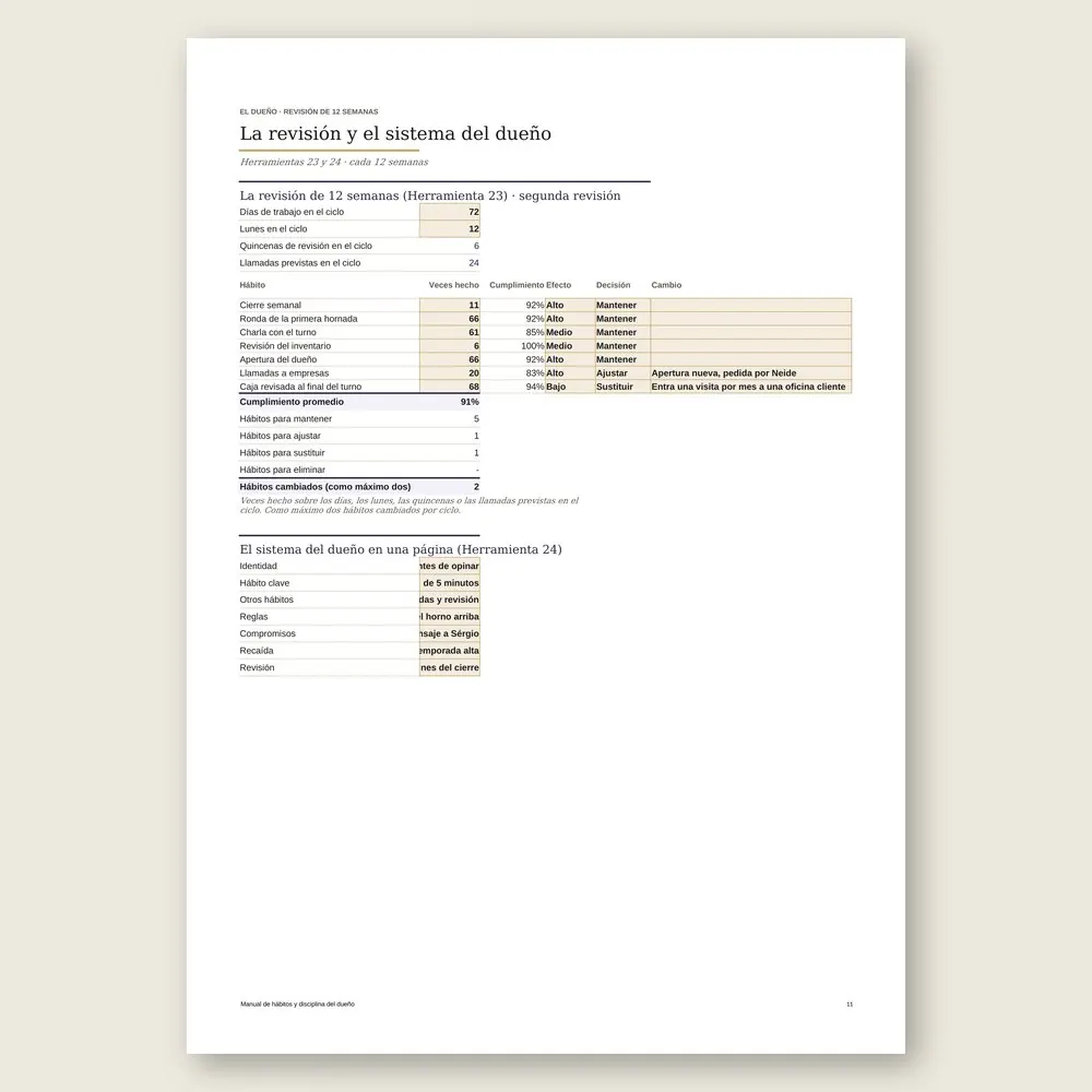 Manual de hábitos y disciplina del dueño · Simulación con los datos del ejemplo