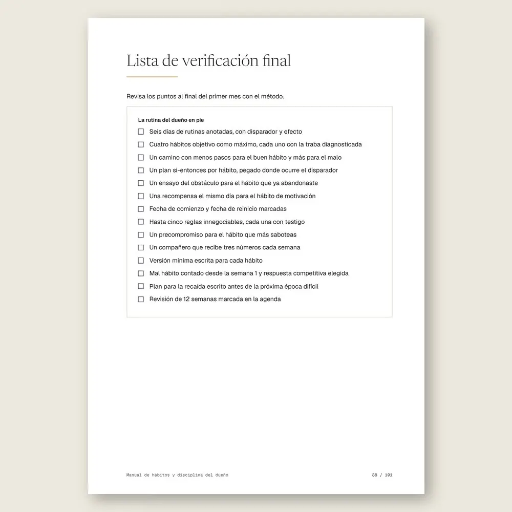 Manual de hábitos y disciplina del dueño · La lista de verificación final