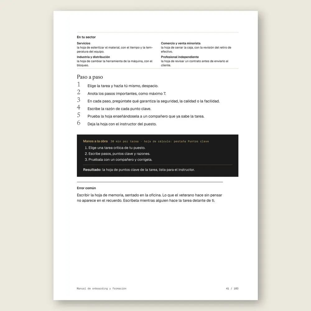Manual de onboarding y formación · El paso a paso y el ejercicio Manos a la obra