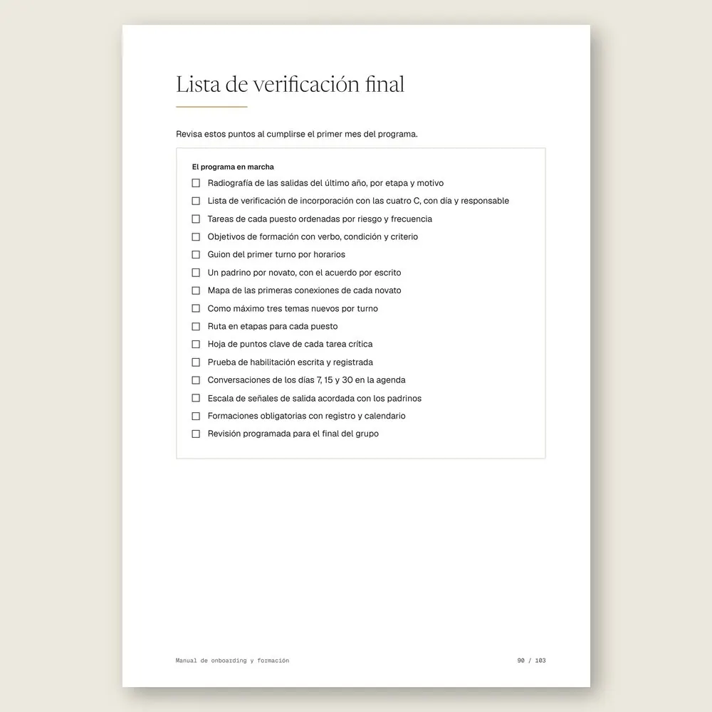 Manual de onboarding y formación · La lista de verificación final