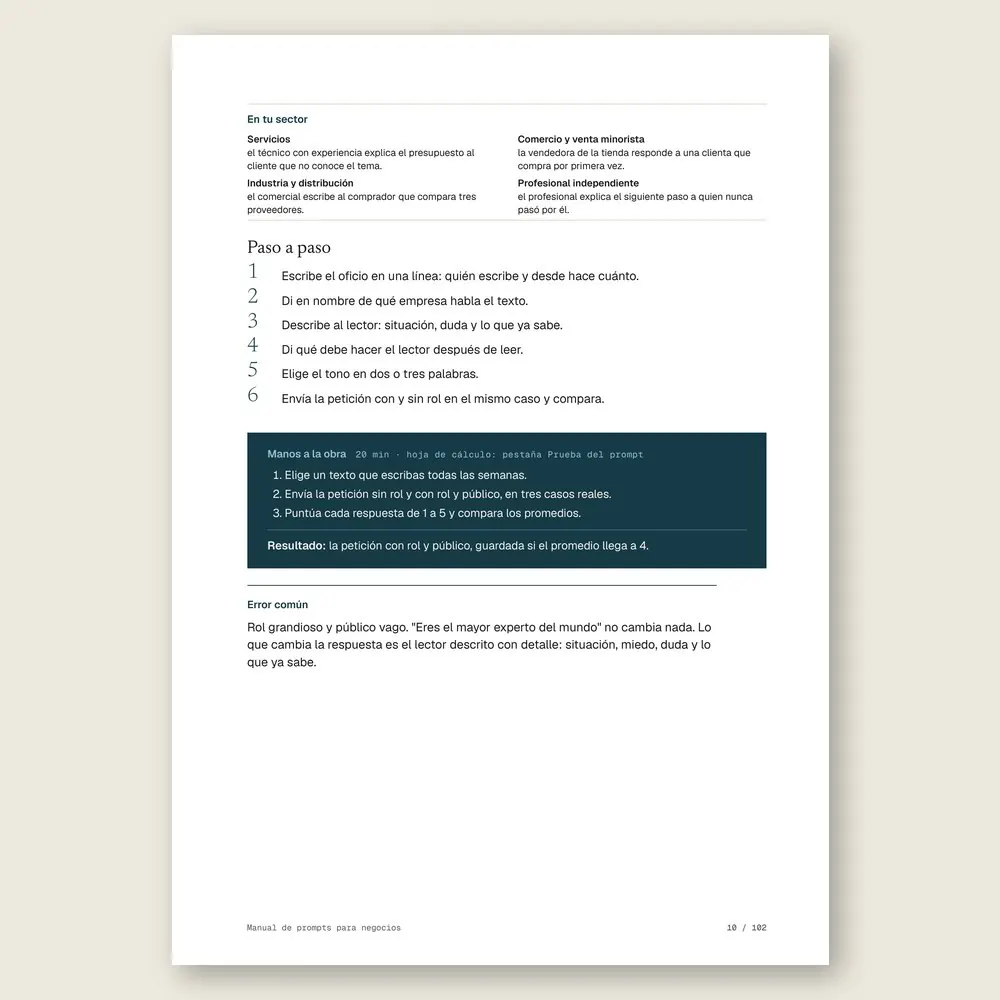 Manual de prompts para negocios · El paso a paso y el ejercicio Manos a la obra