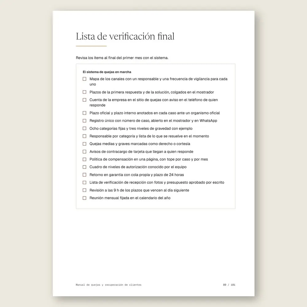 Manual de quejas y recuperación de clientes · La lista de verificación final