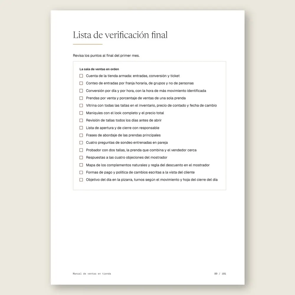 Manual de ventas en tienda · La lista de verificación final