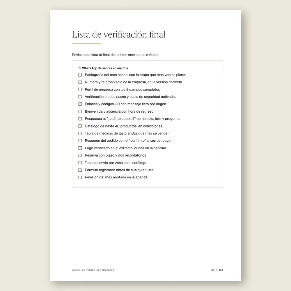 Manual de ventas por WhatsApp · La lista de verificación final