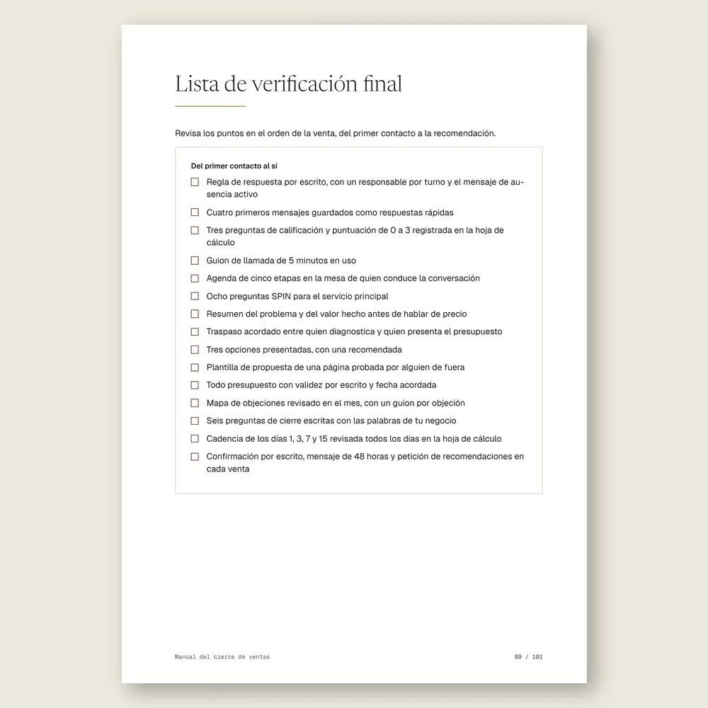 Manual del cierre de ventas · La lista de verificación final