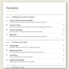 Manual aberto na página do sumário, com a Parte 1, Qualidade aos olhos do cliente, a Parte 2, Os números da falha, e a Parte 3, Da falha à causa, e as ferramentas numeradas de 01 a 13.