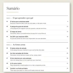 Manual aberto na página do sumário, com a Parte 1, O que aprender e por quê, e a Parte 2, As fontes certas.