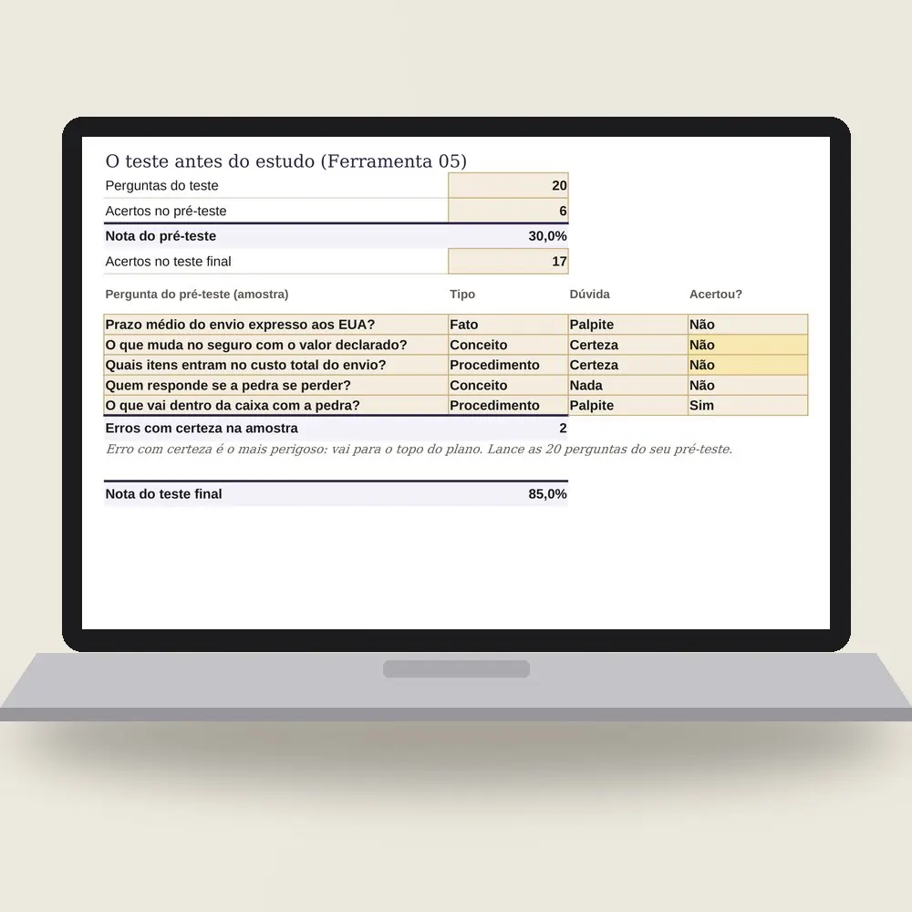 Notebook com a planilha do projeto de aprendizagem aberta nos testes: 30% no pré-teste e 85% no teste final, com as mesmas 20 perguntas.