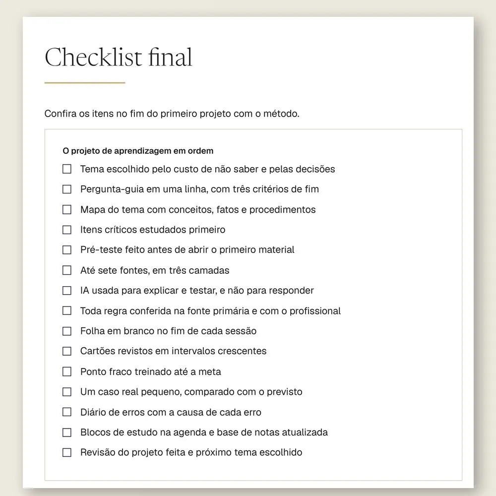 Página do checklist final do manual, com 15 itens para conferir no fim do primeiro projeto com o método.