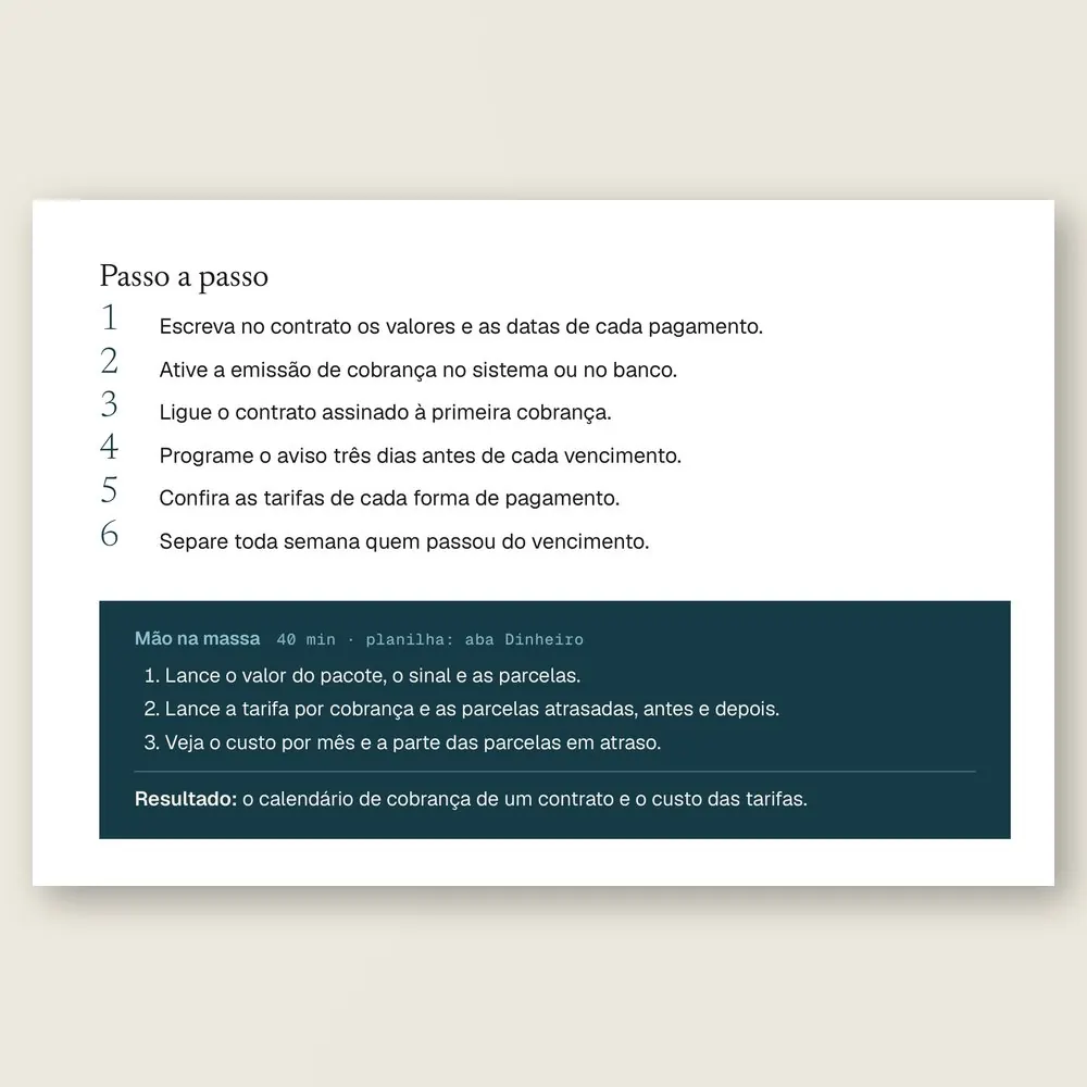 Página da Ferramenta 10, Cobrança automática, com o passo a passo para o contrato assinado disparar o sinal e as parcelas.