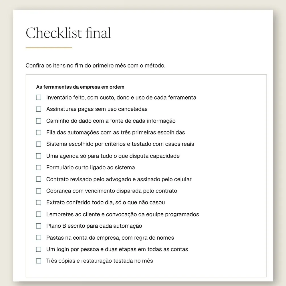 Página do checklist final do manual, com 15 itens para conferir no fim do primeiro mês com o método.