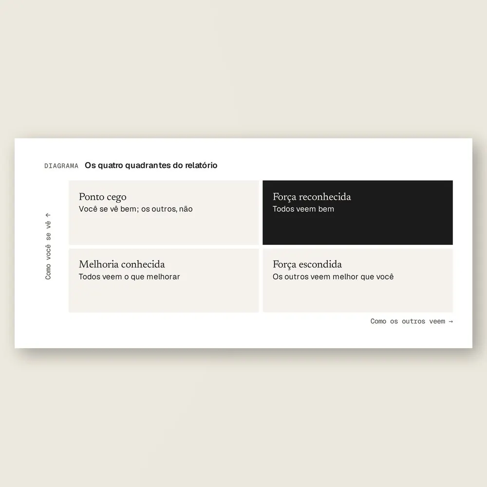 Close da matriz do relatório do 360°: ponto cego, força reconhecida, melhoria conhecida e força escondida, pelos eixos de como você se vê e como os outros veem.