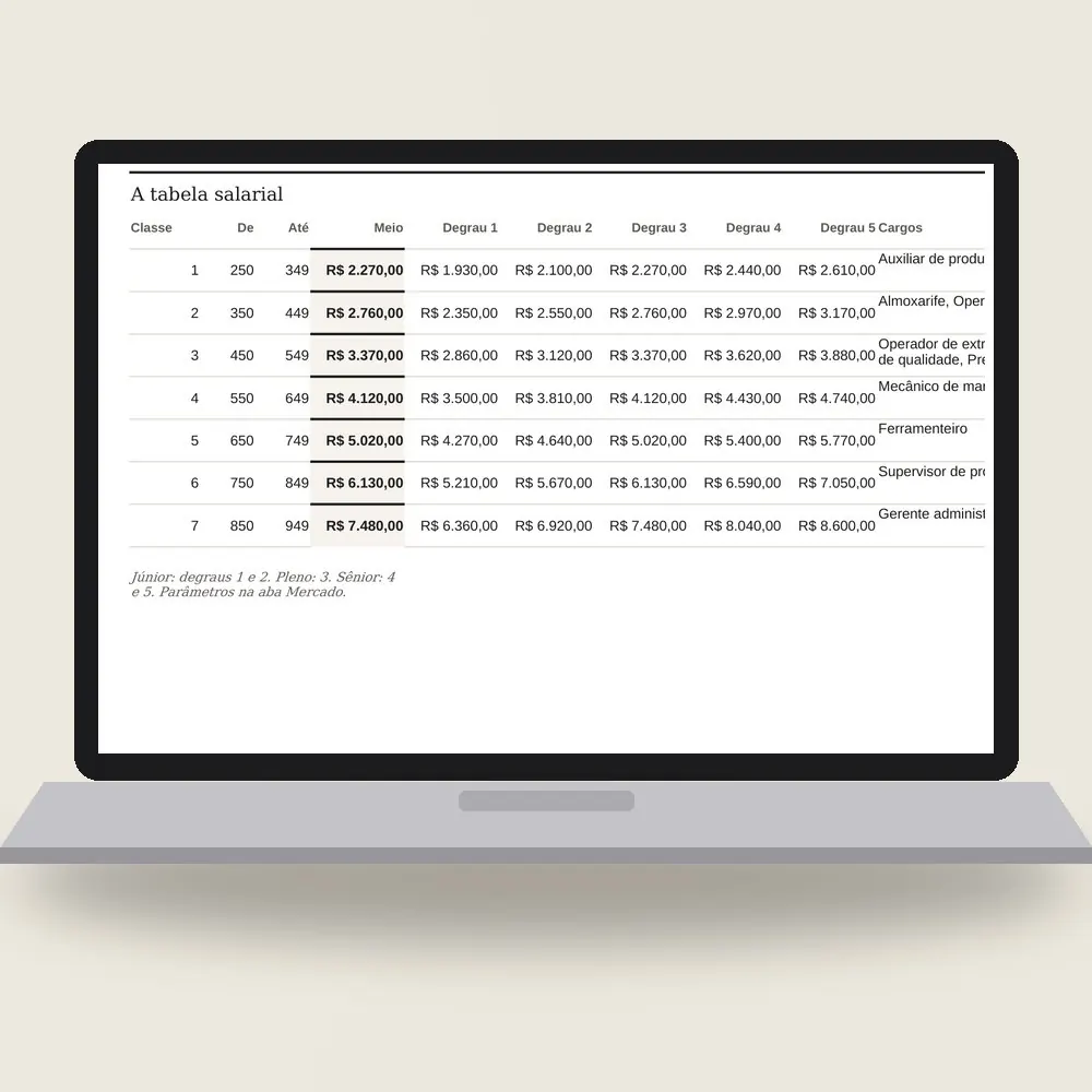 Notebook com a planilha de cargos e salários aberta na tabela: sete classes com meio e cinco degraus cada.
