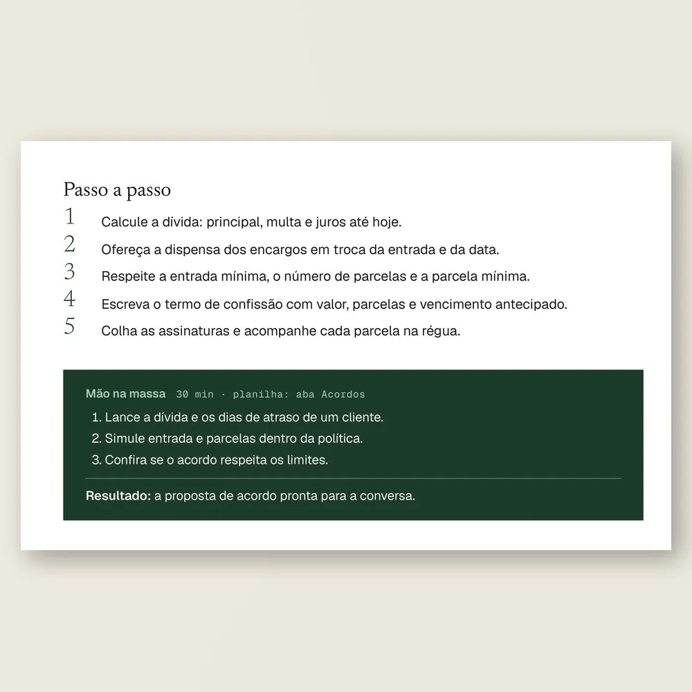Página da Ferramenta 18, Acordo e parcelamento, com o passo a passo para montar o acordo com entrada, parcelas e termo de confissão de dívida, e a caixa Mão na massa.