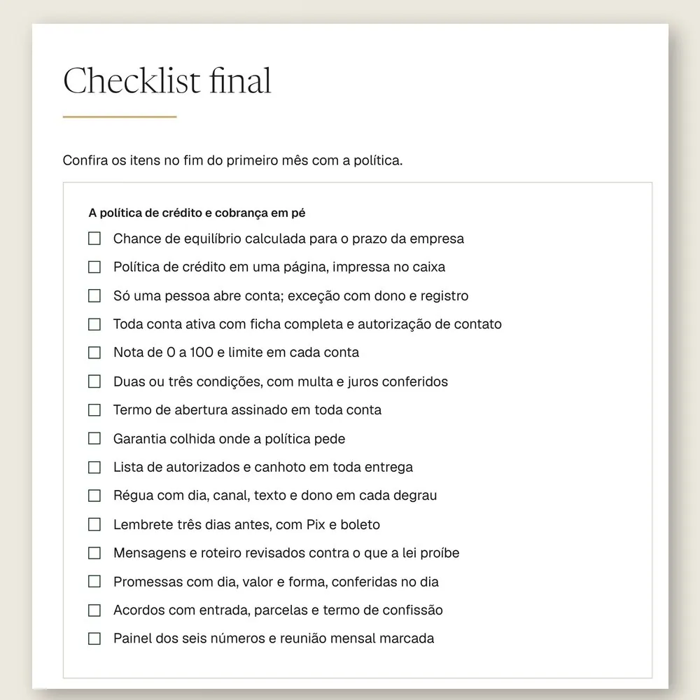 Página do checklist final do manual, com 15 itens para conferir no fim do primeiro mês com a política de crédito e cobrança.
