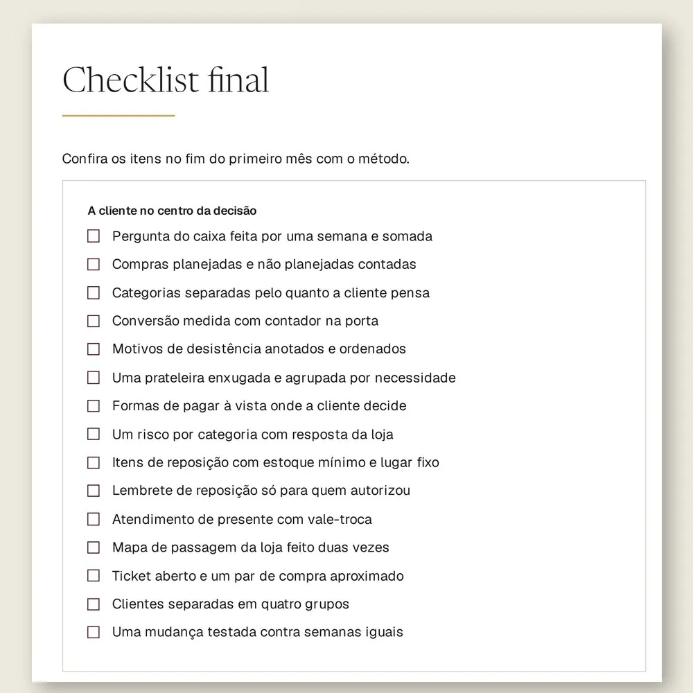 Página do checklist final do manual, com 15 itens para conferir no fim do primeiro mês com o método.