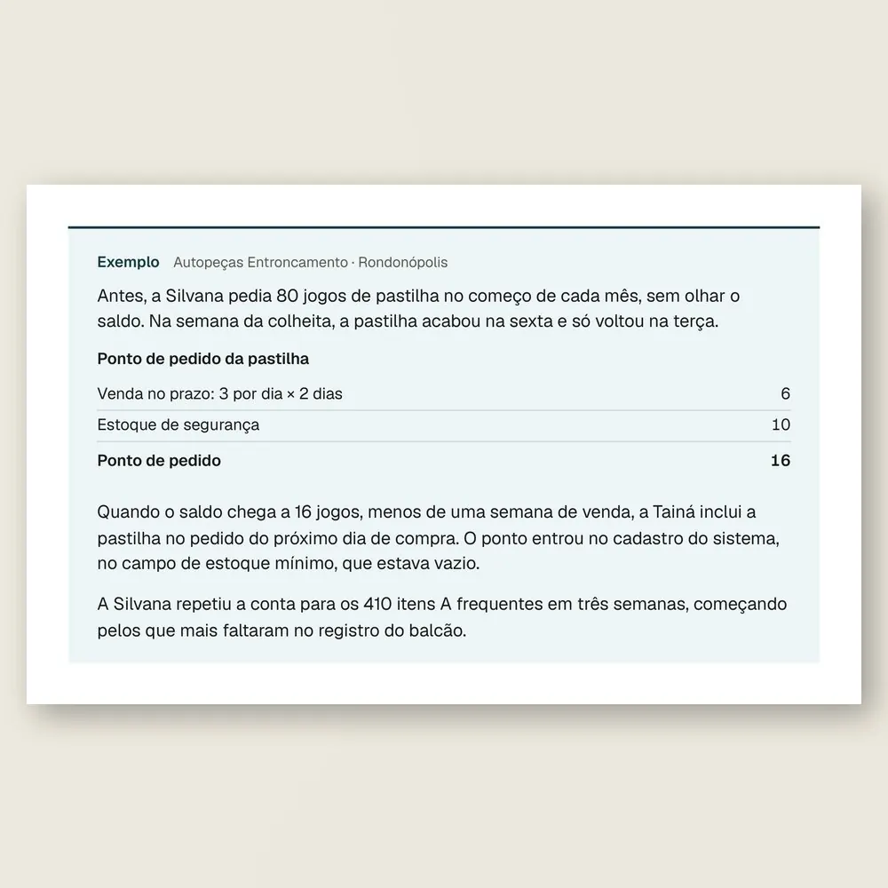 Caixa de exemplo da Autopeças Entroncamento, de Rondonópolis: tabela com a venda no prazo, o estoque de segurança e o ponto de pedido de 16 jogos.