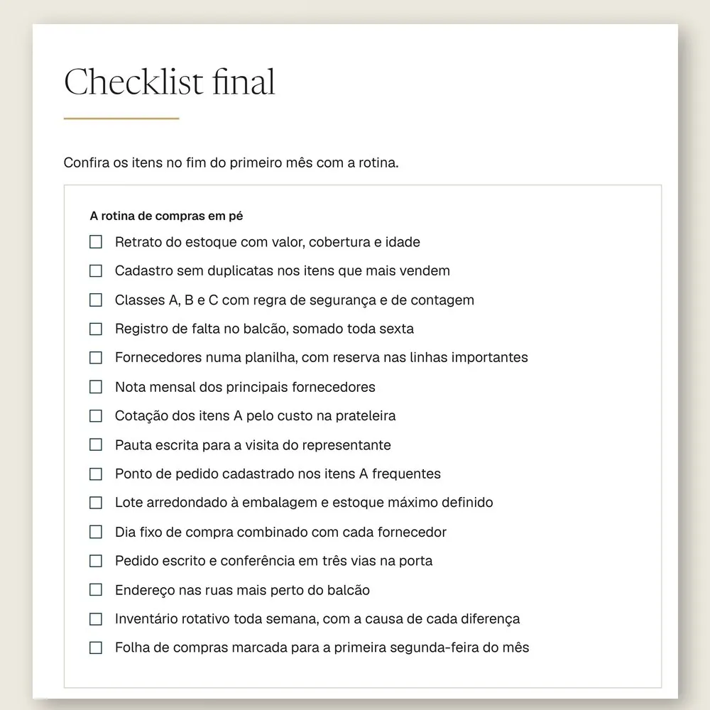 Página do checklist final do manual, com 15 itens para conferir no fim do primeiro mês com a rotina de compras.