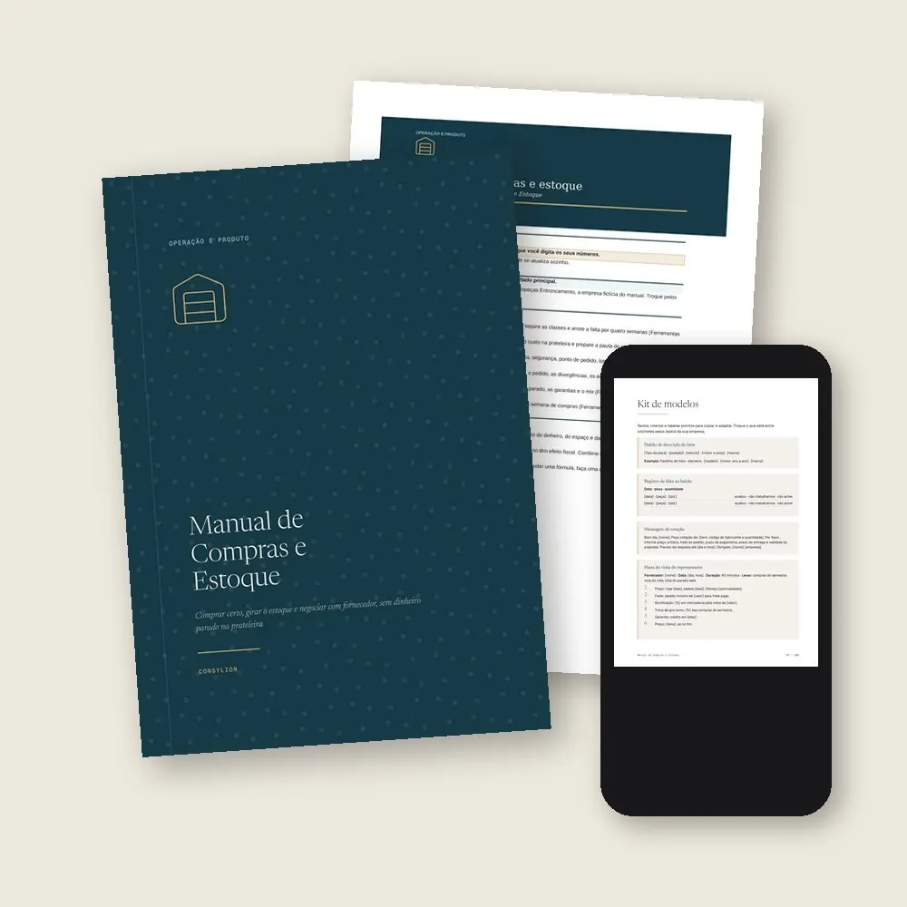 O que vem no Manual de Compras e Estoque: o PDF de 100 páginas, a planilha de compras e estoque, em Excel e Google Sheets, e o acesso pelo celular, com os 13 modelos prontos do Kit.