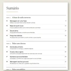 Manual aberto na página do sumário, com a Parte 1, A base de toda conversa, a Parte 2, Falar com clareza, e a Parte 3, Falar em público, e as ferramentas numeradas de 01 a 13.