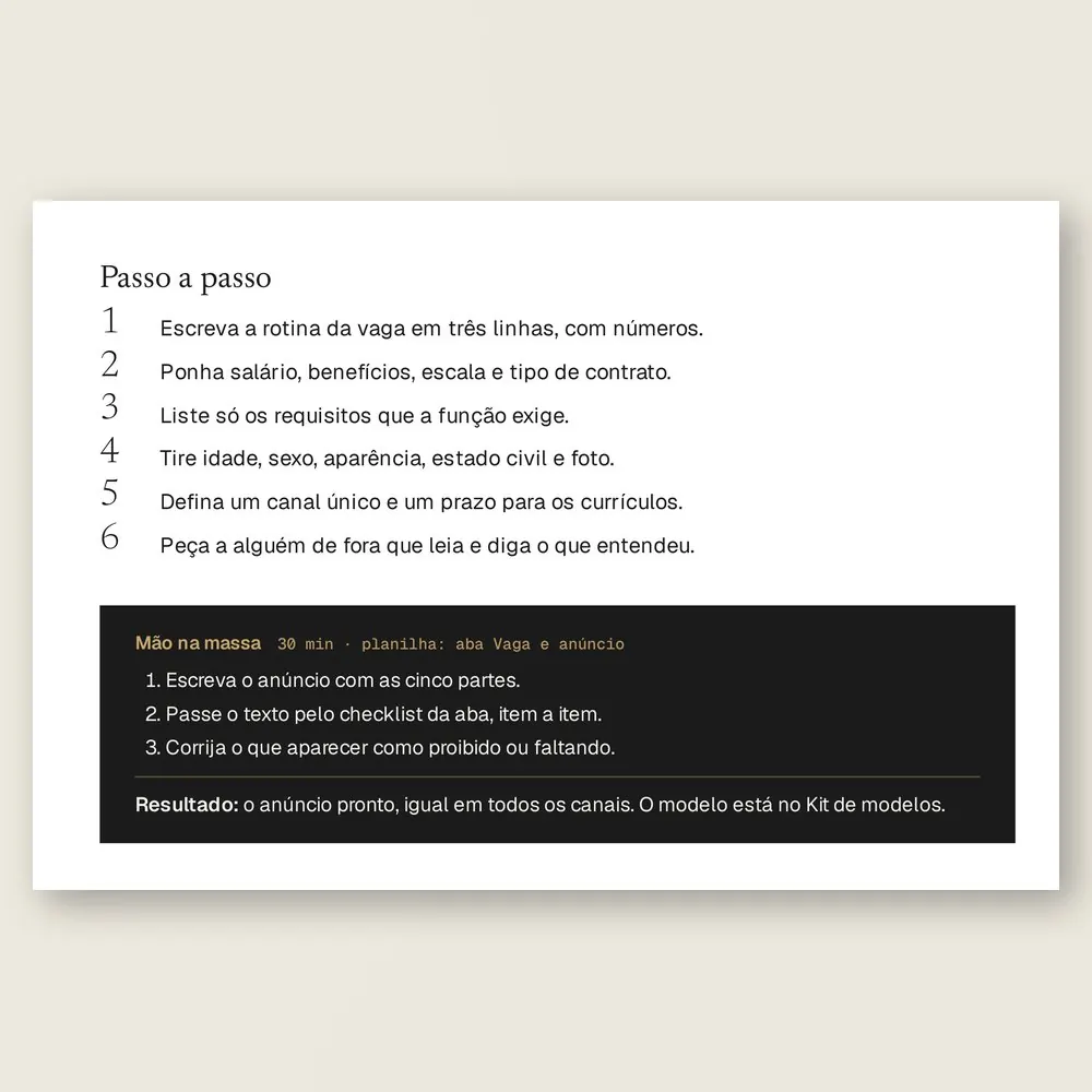 Página da Ferramenta 06, Anúncio que filtra, com o passo a passo para escrever o anúncio com salário, escala e requisitos ligados à função, e o Cuidado legal sobre anúncio discriminatório.