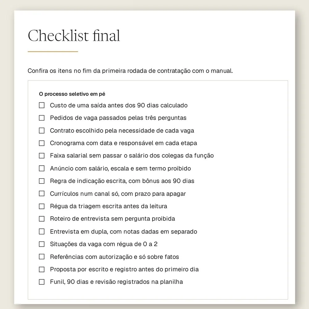 Página do checklist final do manual, com 15 itens para conferir no fim da primeira rodada de contratação.