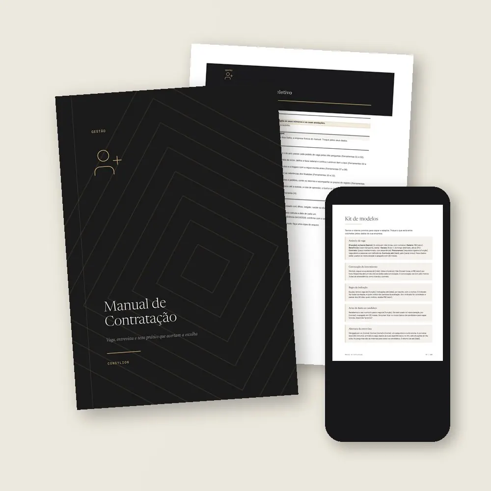 O que vem no Manual de Contratação: o PDF de 100 páginas, a planilha do processo seletivo, em Excel e Google Sheets, e o acesso pelo celular, com os 15 modelos prontos do Kit.