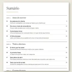 Manual aberto na página do sumário, com a Parte 1, Antes de escrever, a Parte 2, Título e abertura, e a Parte 3, O corpo do texto, e as ferramentas numeradas de 01 a 13.