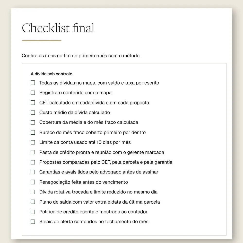 Página do checklist final do manual, com 15 itens para conferir no fim do primeiro mês com o método.