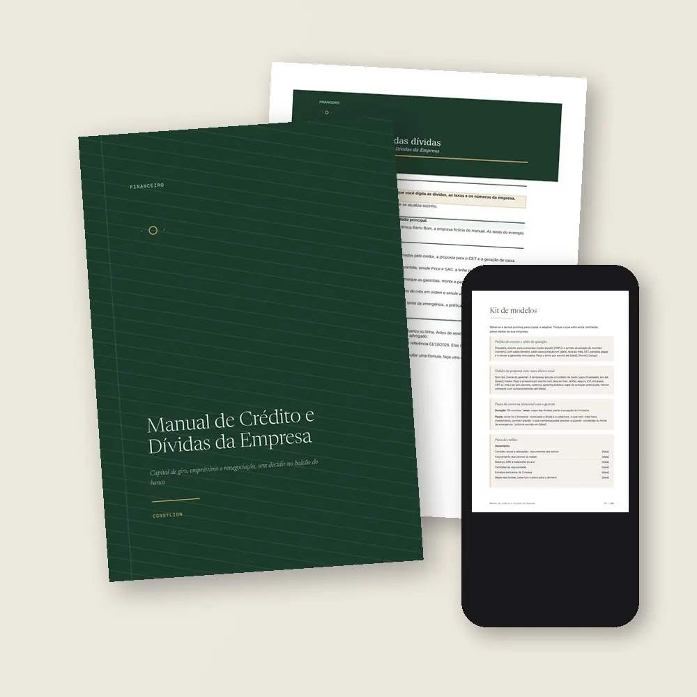 O que vem no Manual de Crédito e Dívidas da Empresa: o PDF de 100 páginas, a planilha do mapa das dívidas, em Excel e Google Sheets, e o acesso pelo celular, com os 12 modelos prontos do Kit.