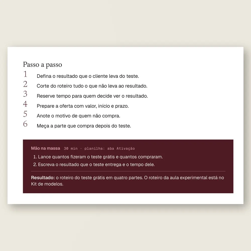 Passo a passo do teste grátis que converte, com a caixa Mão na massa, para a amostra gratuita entregar resultado e oferta.
