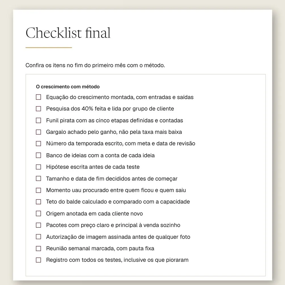 Página do checklist final do manual, com 15 itens para conferir no fim do primeiro mês com o método.