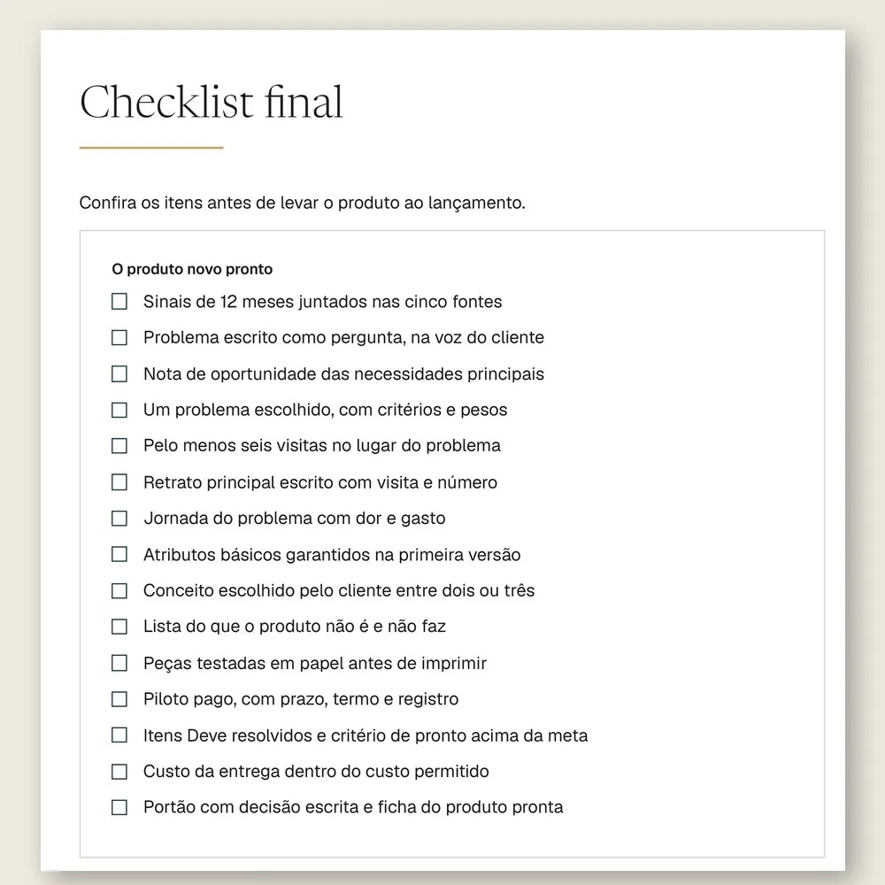 Página do checklist final do manual, com 15 itens para conferir antes de levar o produto ao lançamento.
