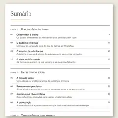Manual aberto na página do sumário, com a Parte 1, O repertório do dono, e a Parte 2, Gerar muitas ideias.