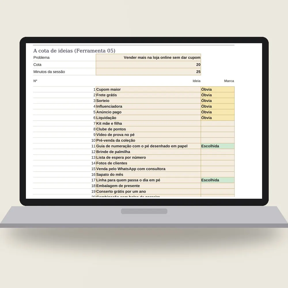 Notebook com a planilha das ideias aberta na sessão da cota: 24 ideias em 25 minutos, com as óbvias e as escolhidas marcadas.